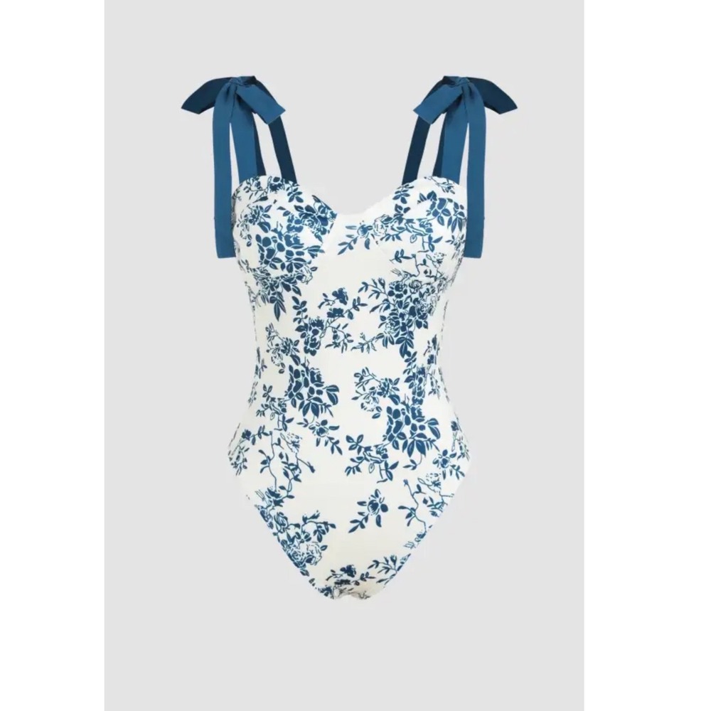 Cider Floral V-Neck Tie Shoulder Bodysuit Blue White Toile XXS NWT
